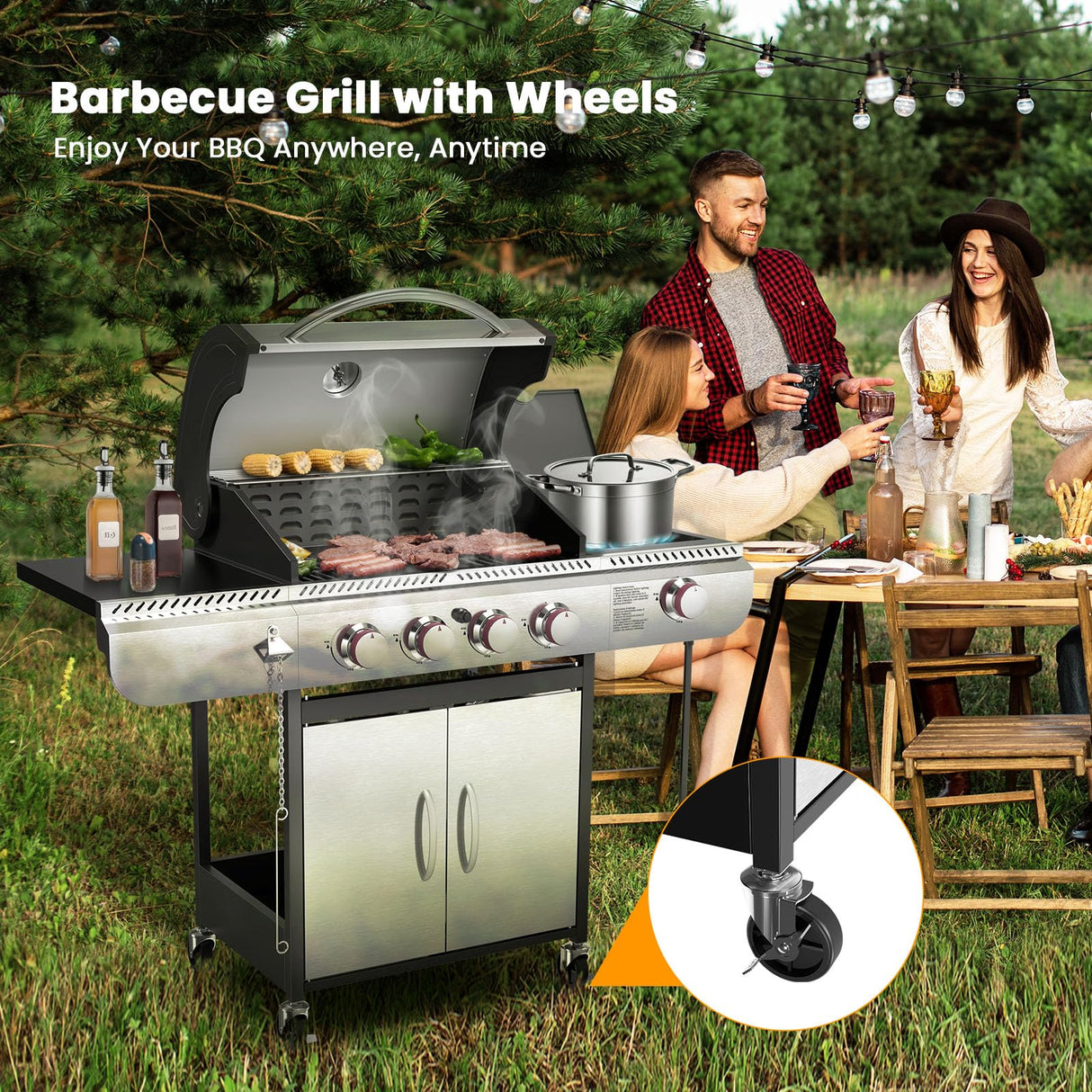 4-Burner Gas BBQ Grill with Side Burner, Porcelain-Enameled Cast Iron Grates, Baking Pan, 42,000 BTU Stainless Steel Propane Grill for Outdoor Cooking and Patio Barbecues Electactic