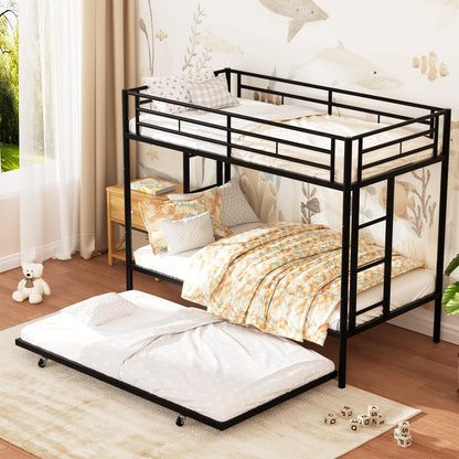 Shintenchi Bunk Bed Twin Over Twin Size with Trundle, Heavy-Duty Twin Bed Frame with Full-Length Guardrail and Two Ladders, Triple Bunk Bed for Kids, Teens and Adults, Space-Saving, Black