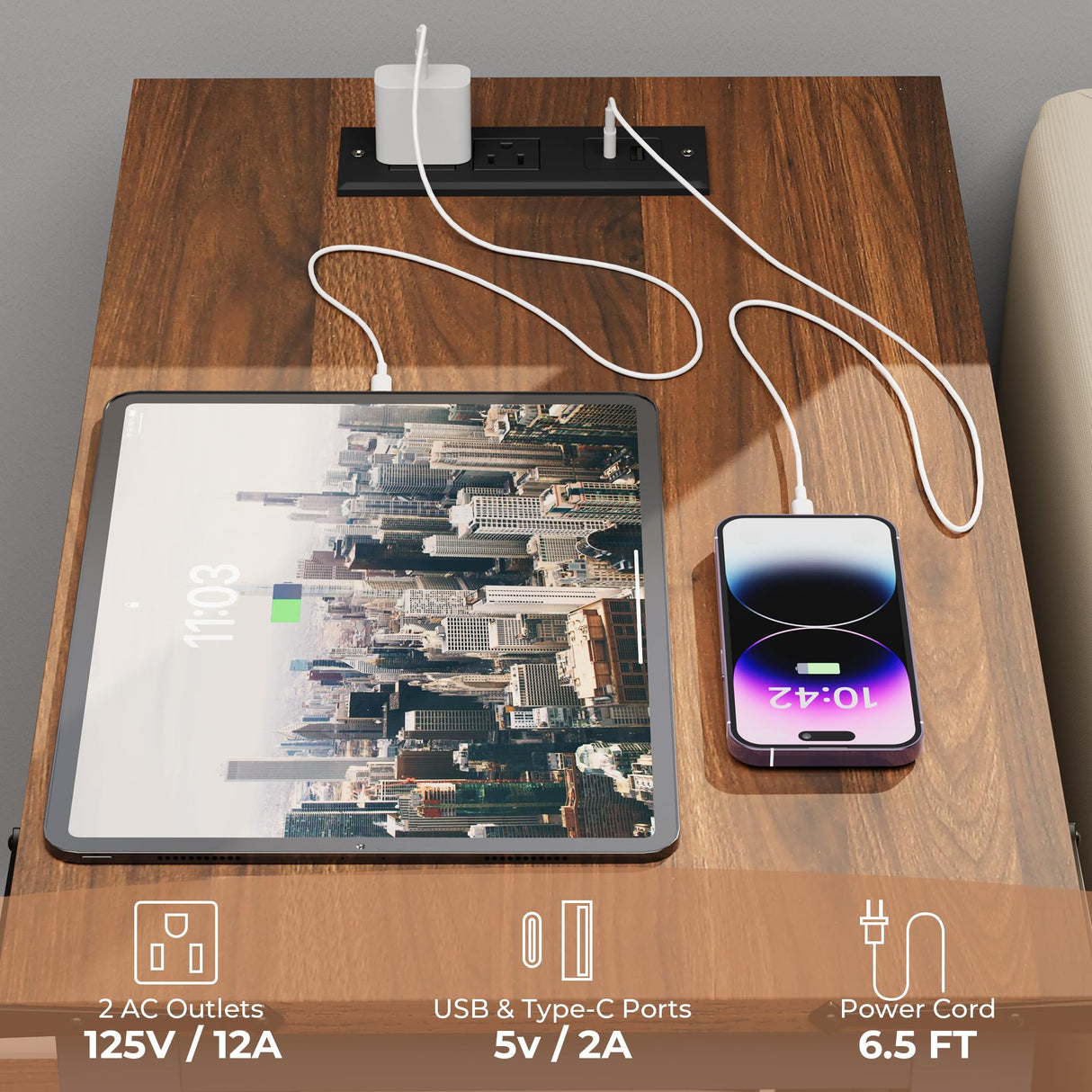 VVFLU Farmhouse End Table with Charging Station and 2 Storage Drawers, Blue Wood Nightstand Narrow, Skinny Side Table Rustic, Slim Bedside Table, Open Shelf, Small for Bedroom, Living Room, Sofa VVFLU