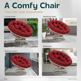 Bme 40" Ergonomic Wicker Papasan Chair with Soft Thick Density Fabric Cushion, High Capacity Steel Frame, 360 Degree Swivel for Living, Bedroom, Reading Room, Lounge, Cherry Sangria - White Base Bme