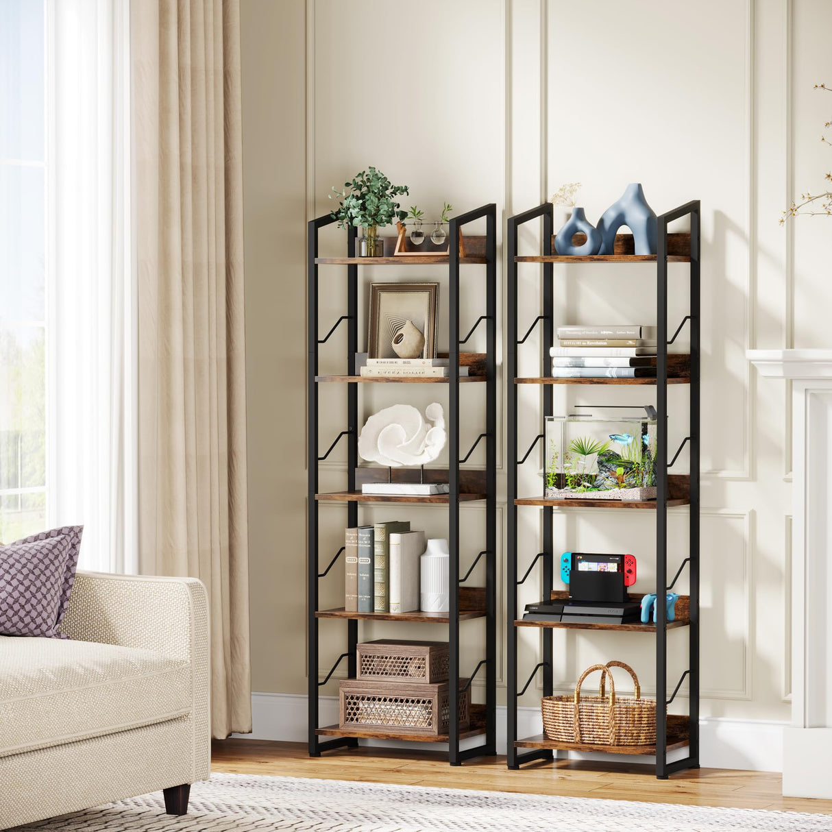 Hosfais 5-Tier Rustic Brown Narrow Bookshelf with Edge Protection for Home and Office Hosfais