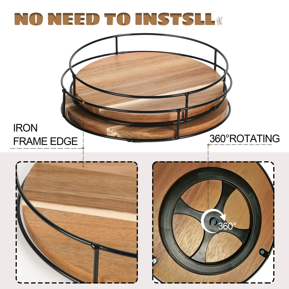 [ 2 Pack ] 9" & 10" Acacia Wood Lazy Susan Organizers with Steel Sides, Lazy Susan Turntable for Cabinet, Kitchen Turntable Storage for Table, Countertop, Pantry Tomoaza