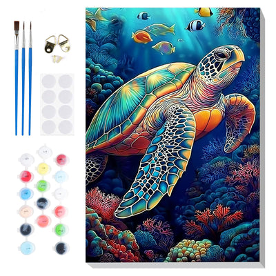 Bowetile Framed Paint by Numbers Sea Turtle for Adults Beginners, Adults' Paint-by-Number Kits, Easy Adult Paint by Number Kits on Canvas, Acrylic Animals Number Painting for Home Decor, 8x12in