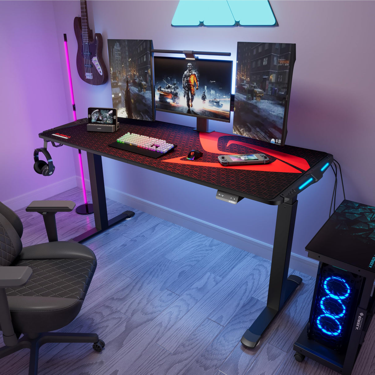 EUREKA ERGONOMIC Gaming Desk 65 inch Electric Standing Desk Height Adjustable, Large Gaming Computer Desk with RGB LED Lights Home Office Desk with Extended Gaming Mouse mat for Gamer, Black EUREKA ERGONOMIC