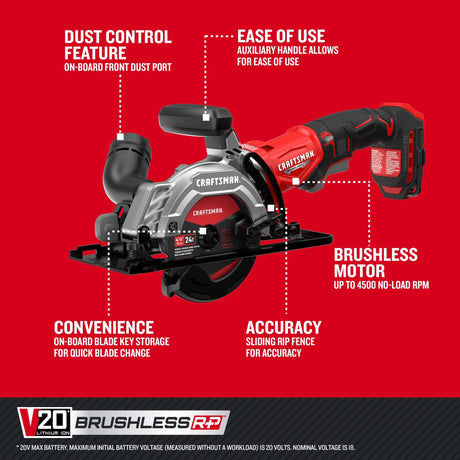 CRAFTSMAN V20 4-1/2 Inch Cordless Circular Saw, Bare Tool Only (CMCS405B) CRAFTSMAN