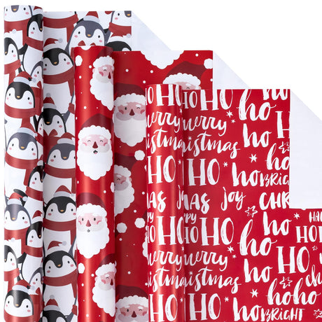 LeZakaa Christmas Wrapping Paper Roll - Mini Roll - 3 Rolls - 17 Inch X 120 Inch Per Roll - Red & White Penguins, Ho, Santa Claus, Christmas Elements Holiday Collection LeZakaa