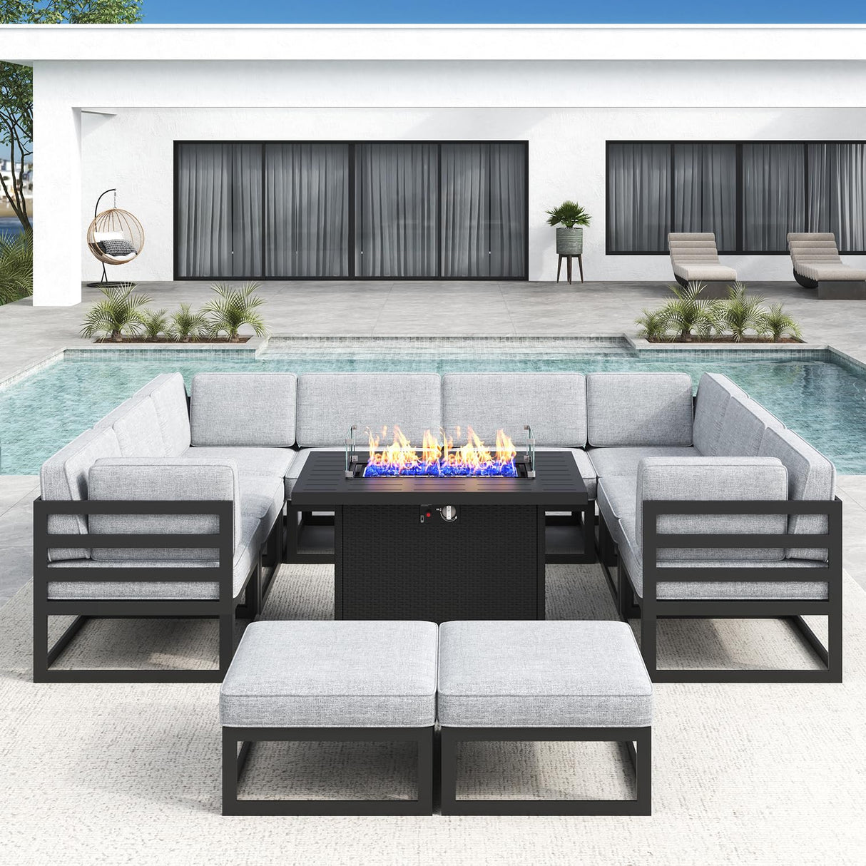 LayinSun Large Aluminum Patio Furniture Set with Fire Pit Table, 11 Pieces Modern Outdoor Conversation Set Sectional Metal Sofa Set with Olefin Cushion LayinSun