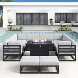 LayinSun Large Aluminum Patio Furniture Set with Fire Pit Table, 11 Pieces Modern Outdoor Conversation Set Sectional Metal Sofa Set with Olefin Cushion LayinSun