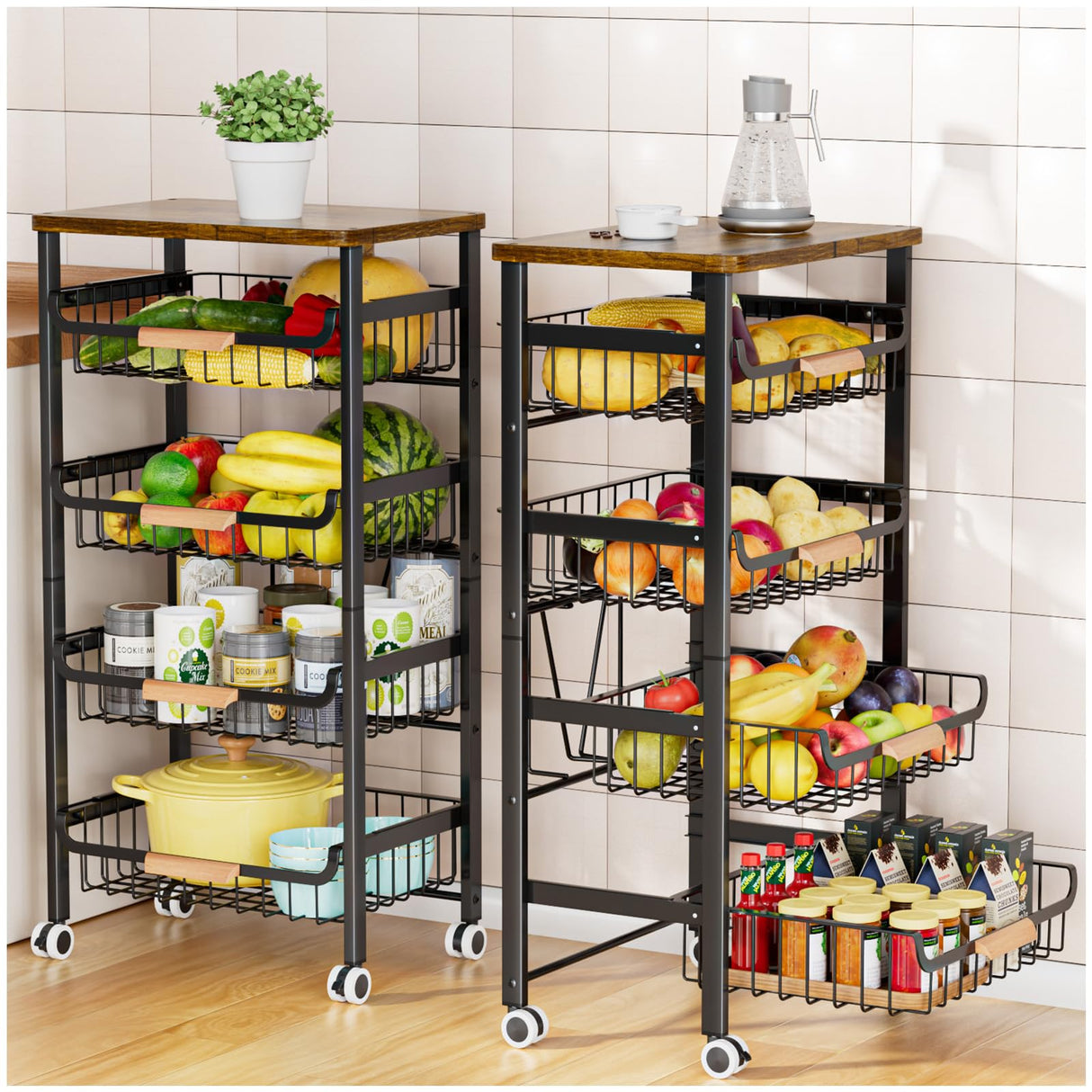 5-Tier Rolling Storage Cart with Wheels, Large Capacity Kitchen Cart, Mobile Utility Cart with Wooden Tabletop and Mesh Baskets, Bathroom, Laundry Room 7 code