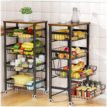 5-Tier Rolling Storage Cart with Wheels, Large Capacity Kitchen Cart, Mobile Utility Cart with Wooden Tabletop and Mesh Baskets, Bathroom, Laundry Room