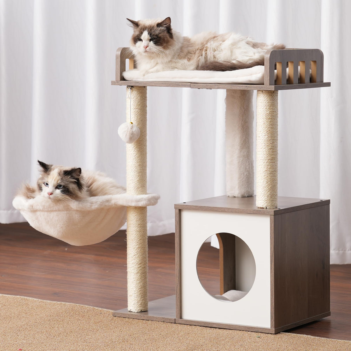 Heybly Modern Cat Tree, Wooden Cat Tower with 3 Scratching Posts, Cat Condo for Indoor Cats with Wood Cat Cave, Plush Perch, Basket, Pompom, Rustic Gray HCT007SSG Heybly