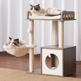 Heybly Modern Cat Tree, Wooden Cat Tower with 3 Scratching Posts, Cat Condo for Indoor Cats with Wood Cat Cave, Plush Perch, Basket, Pompom, Rustic Gray HCT007SSG Heybly