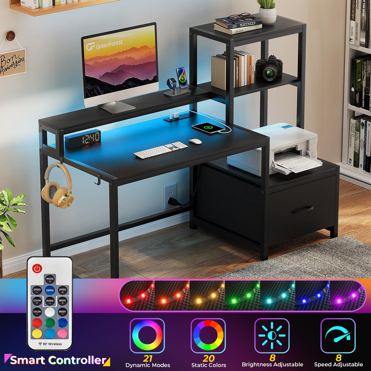 GreenForest Computer Desk with Drawers and Monitor Stand, Home Office Desk with Storage Shelves, Small Gaming Desk with Power Outlets and LED Lights for Study Writing Working, 51 inch Black GreenForest
