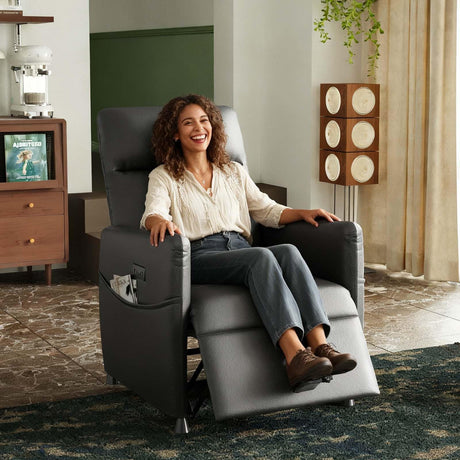 Power Recliner Chairs for Adults, Small Recliners for Small Spaces w/Remote & Side Pockets, USB Port, Adjustable Recliner Chair Electric for Living Room & Bedroom, Home Theater, Rv (Black - Leather) Nahenduo