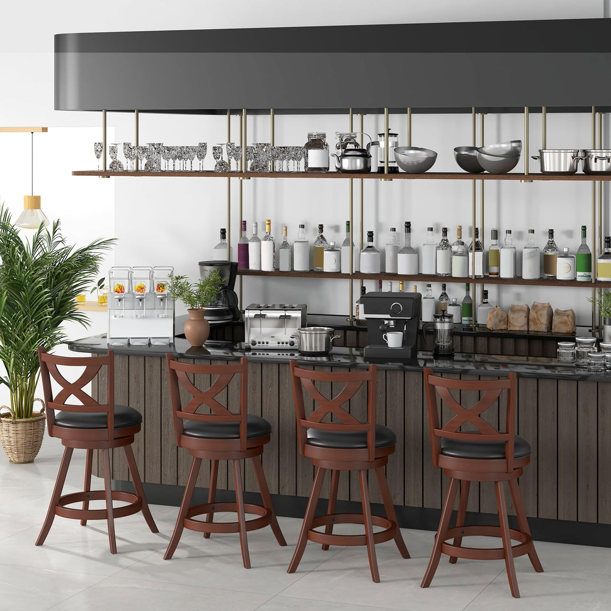 Giantex 24” Bar Stools Set of 4, 360° Swivel Counter Height Stools with Back, Solid Rubber Wood Frame, Leather Padded Seat, Vintage Upholstered Armless Farmhouse Barstools for Kitchen Island Home Bar Giantex