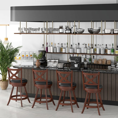 Giantex 24” Bar Stools Set of 4, 360° Swivel Counter Height Stools with Back, Solid Rubber Wood Frame, Leather Padded Seat, Vintage Upholstered Armless Farmhouse Barstools for Kitchen Island  - WoodArtSupply