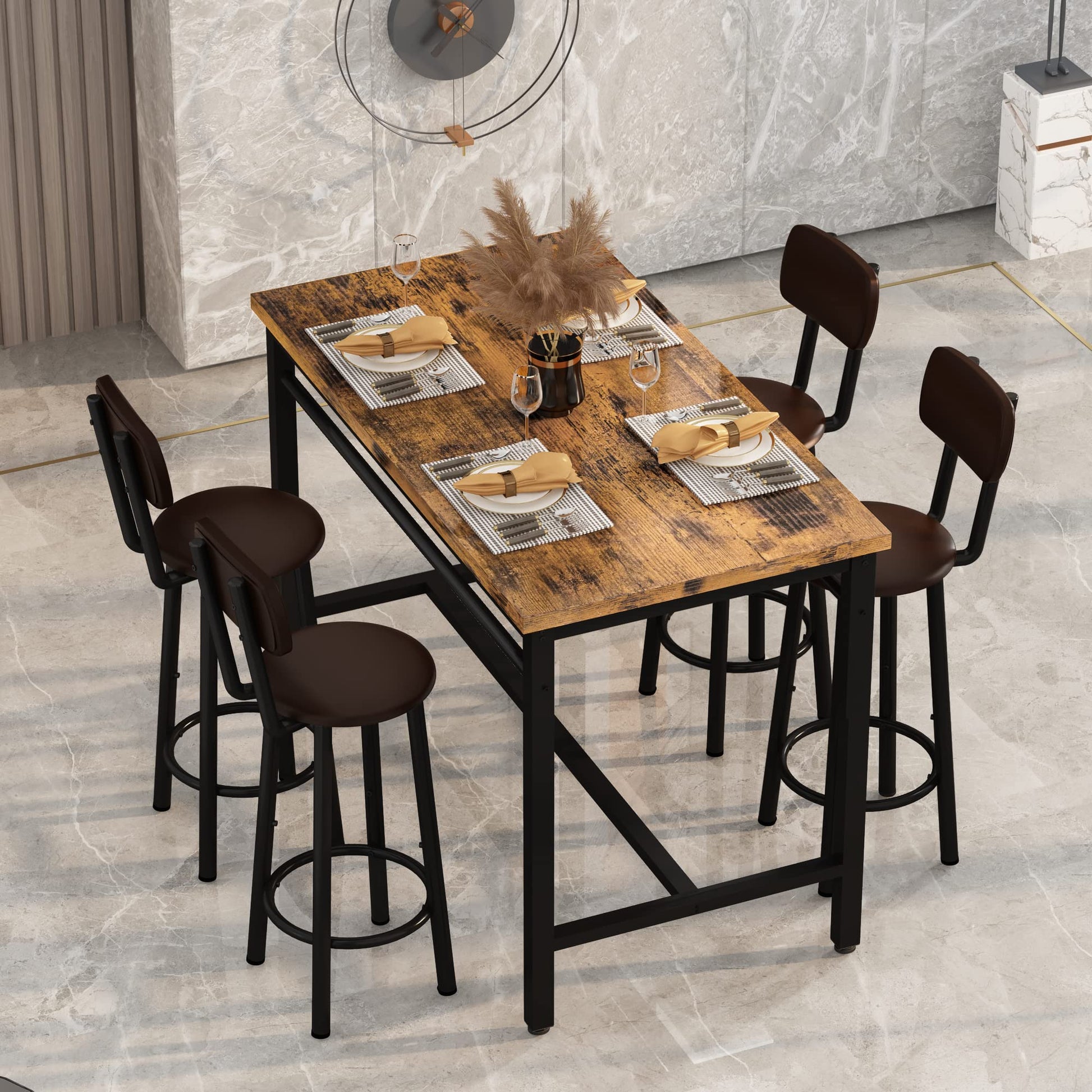 Lamerge Industrial Wood Bar Table Set with 4 Ergonomic Chairs - Space-Saving Kitchen Dining Furniture - WoodArtSupply