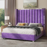 Jocisland King Size Bed Frame with 58" Tall Headboard, Velvet Upholstered Platform Bed with Channel Tufted Wingback Headboard and Plating Trim, No Box Spring Needed, Purple Jocisland