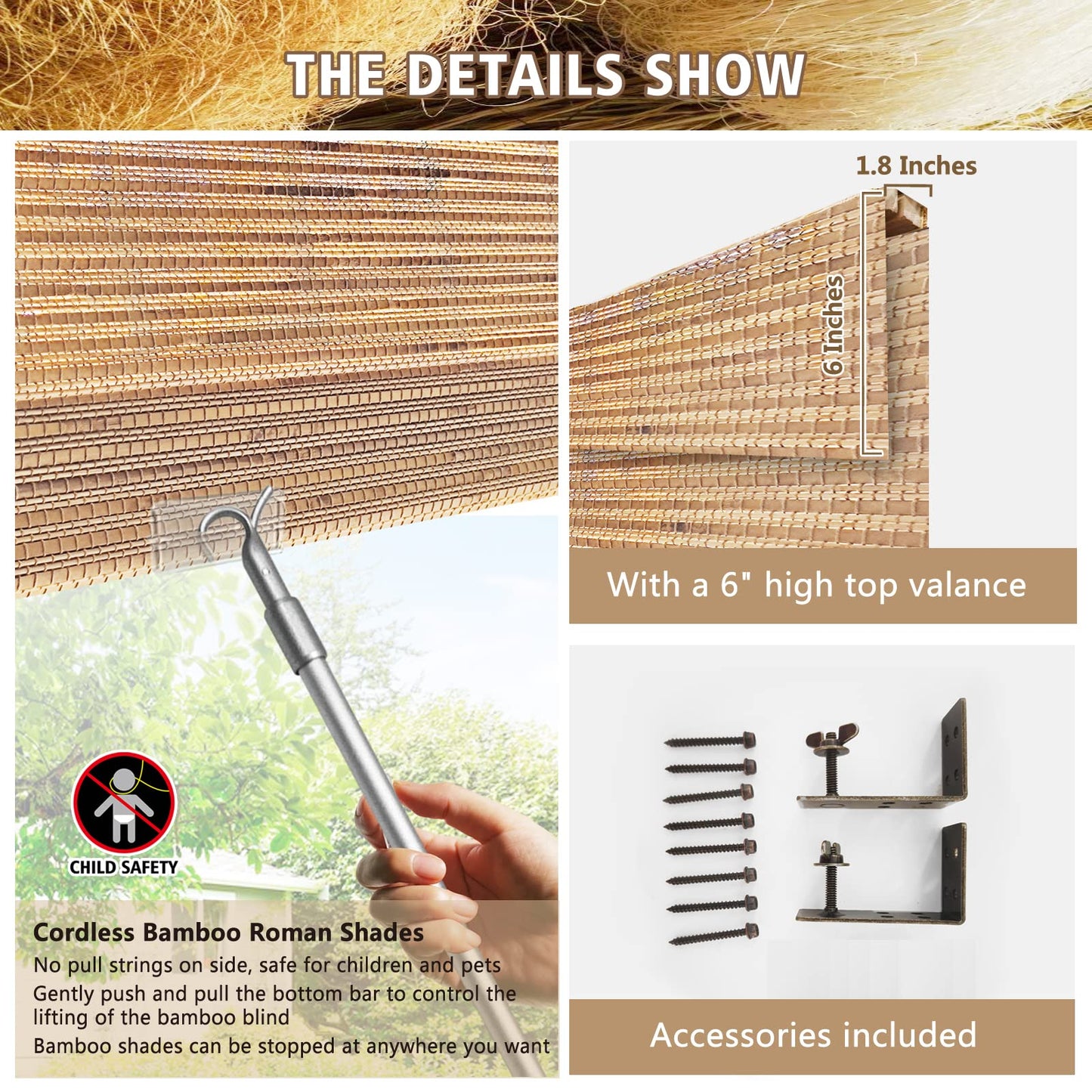 SUAKY Cordless Blackout Bamboo Roman Shades - Customisable 100% Natural Linen Window Blinds, Color 1