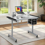 Polias Drafting Table with Adjustable Tilt Angle Board, Drawing Table Tempered Glass Top, Art Desk with Metal Frame Craft Desk for Artist with Fabric Drawers, Rolling Casters and Trays Polias