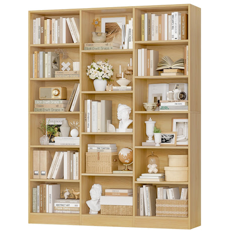 FACBOTALL Triple Wide Bookshelf, 6 Tier Large Bookshelf, Bookcase with 17 Open Display Shelves, 74'' Tall Bookcases and Bookshelves for Living Room, Home Office, Library, Natural FACBOTALL