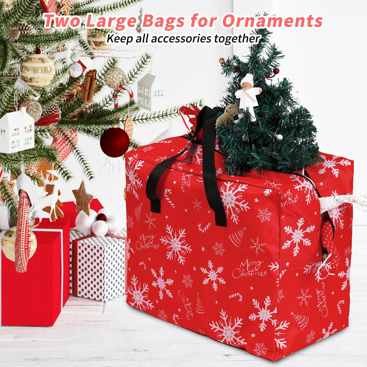 RICHIE Christmas Tree Storage Bag 9ft (3pc Set), 600D Oxford Tear-proof Xmas Tree Bag, Fits Up to 9 Foot Artificial Trees, Reinforced Handles & Zippered & Durable, Holiday Decoration Storage Bags, Red RICHIE