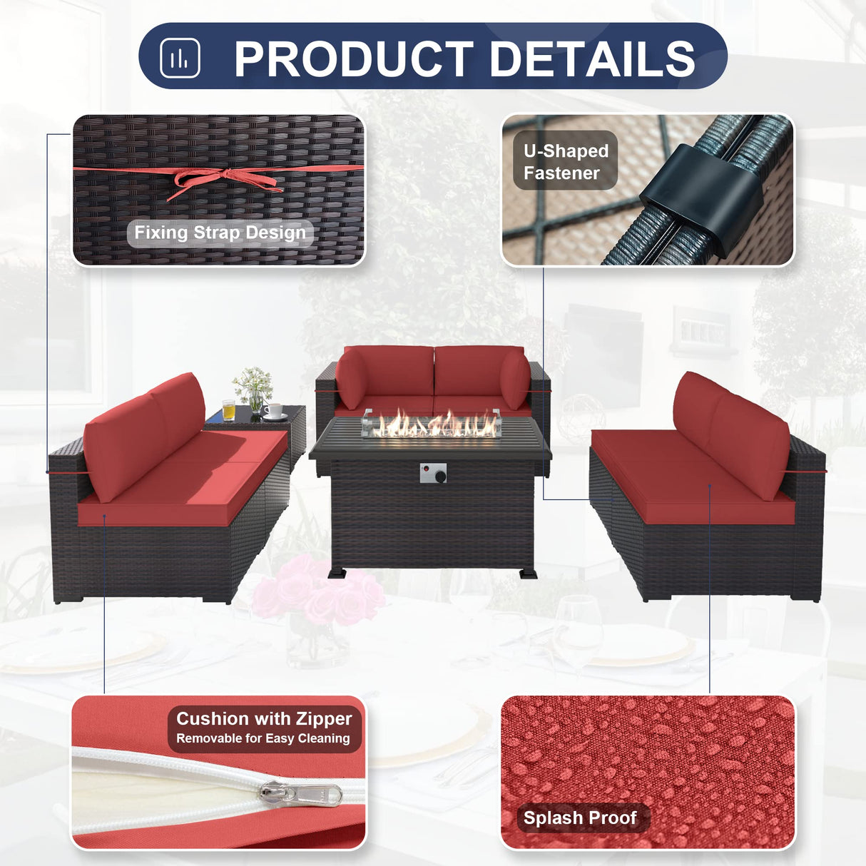 Kurapika 13 Pieces Patio Furniture Set, Rattan Wicker Outdoor Conversation Sets w/43in Propane Fire Pit Table, Swivel Rocking Chairs Patio Sectional Sofa w/4 Inch Cushion, Red Kurapika