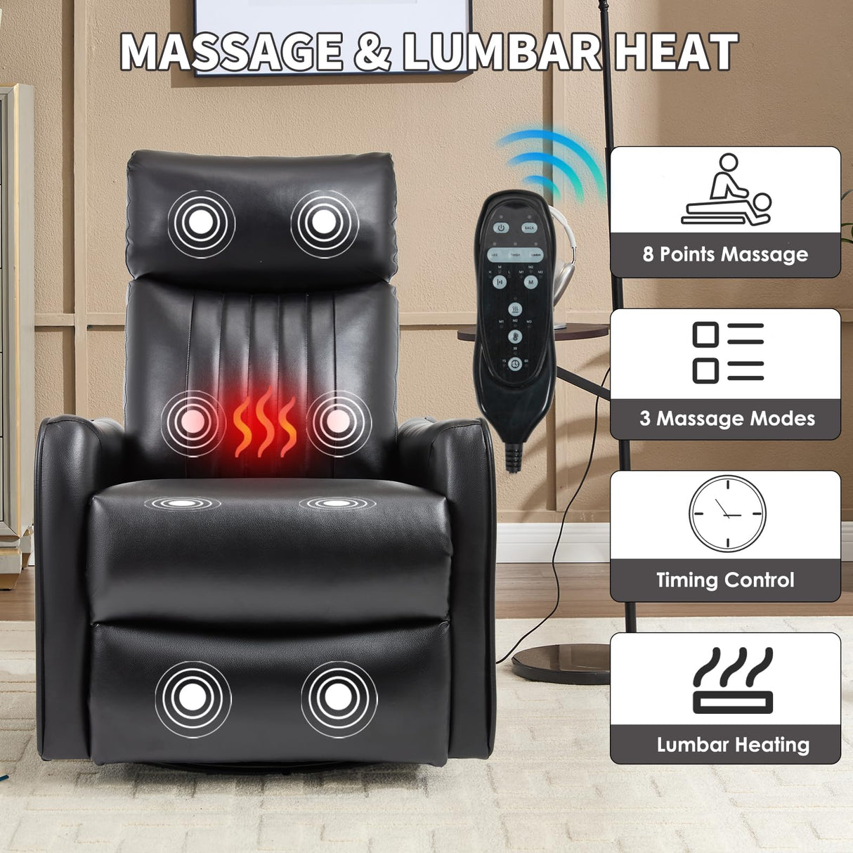 Trustyue Swivel Rocker Recliner Chair, 360° Swivel Recliner with Heat and Massage, Rocker Recliner Nursery Glider Chair with Side Pockets for Living Room (Black, Faux Leather) Trustyue