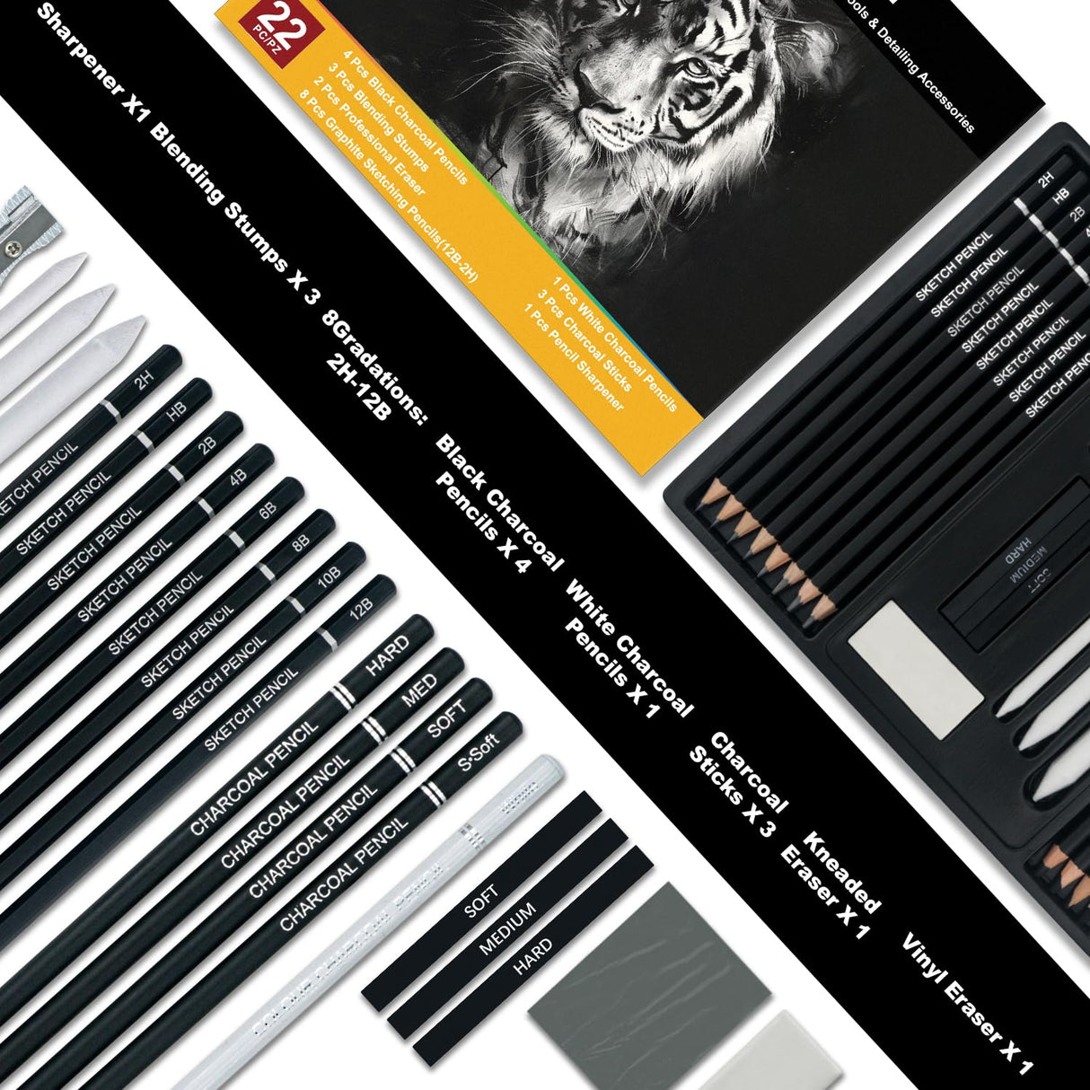 Charcoal Pencils for Drawing, Set of 22, Professional Drawing Sketch Pencils, Art Supplies for Sketching, Shading, Artist Charcoal Supplies for Beginners & Pro Artists. Aenir