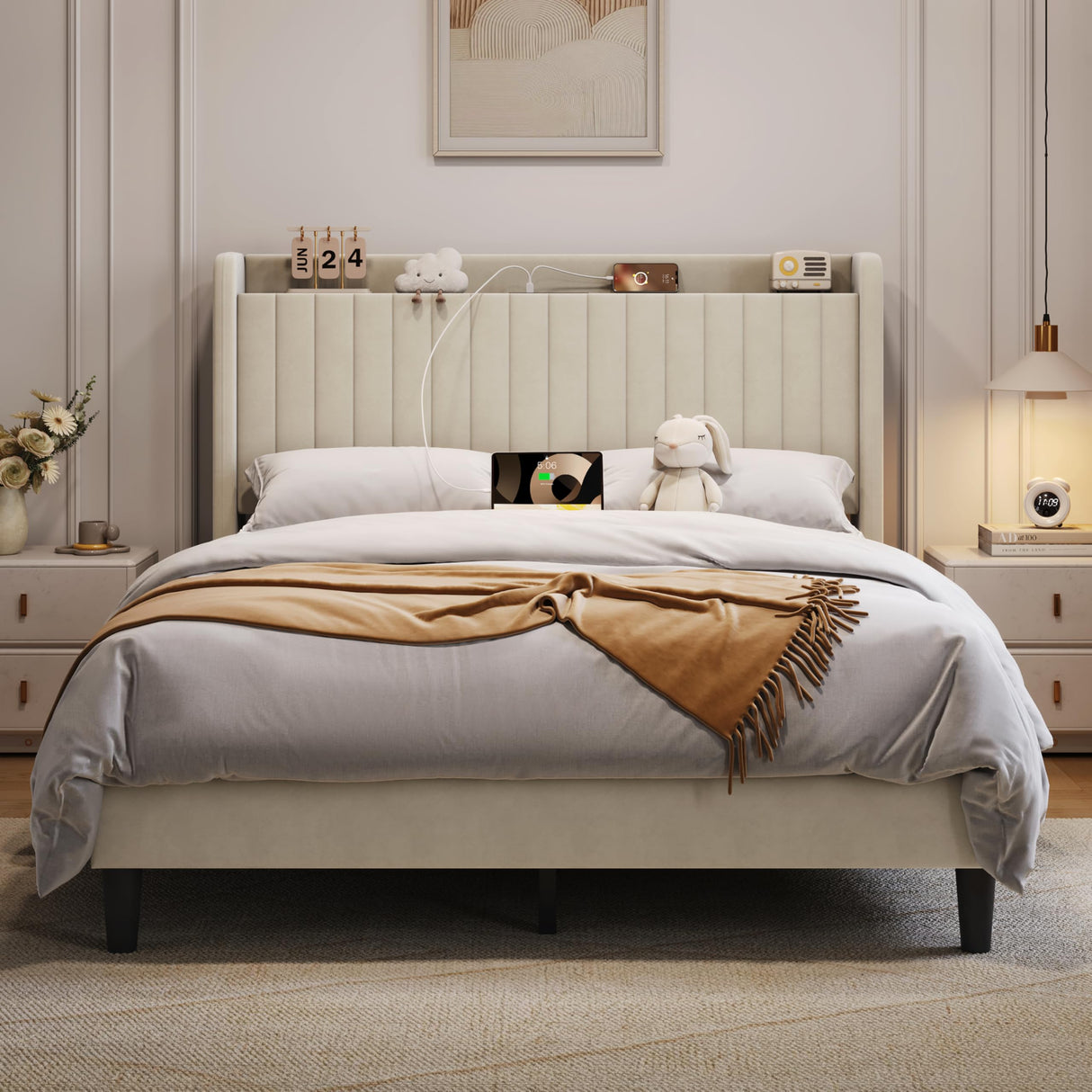 Yaheetech Queen Bed Frame with USB Charging Station and Storage Shelf/Upholstered Headboard Platform Bed with Wing Side/Wooden Slats Support/Noise Free/No Box Spring Needed/Easy Assembly, Ivory Yaheetech