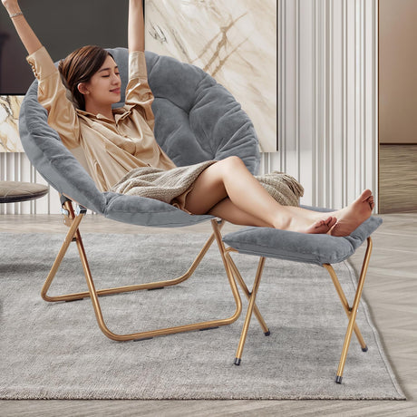 MoNiBloom Round Folding Faux Fur Saucer Chair for Bedroom Living Room Dorm Foldable Metal Frame Oversized Large Comfy Furry Padded Soft Cozy Moon Chair with Footrest Ottoman for Adults (Gray) MoNiBloom