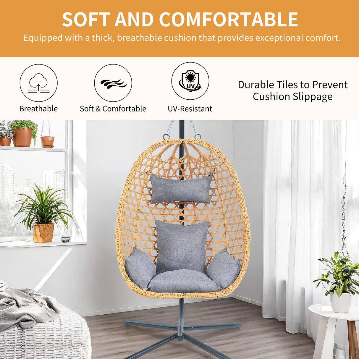 EortheX Hanging Egg Chair with Cushions – Comfortable Rattan Swing Chair with Stand for Patio, Garden, or Balcony – Stylish and Relaxing Outdoor Lounge Chair, 350LBS Capacity Indoor Outdoor EortheX outdoor fancy