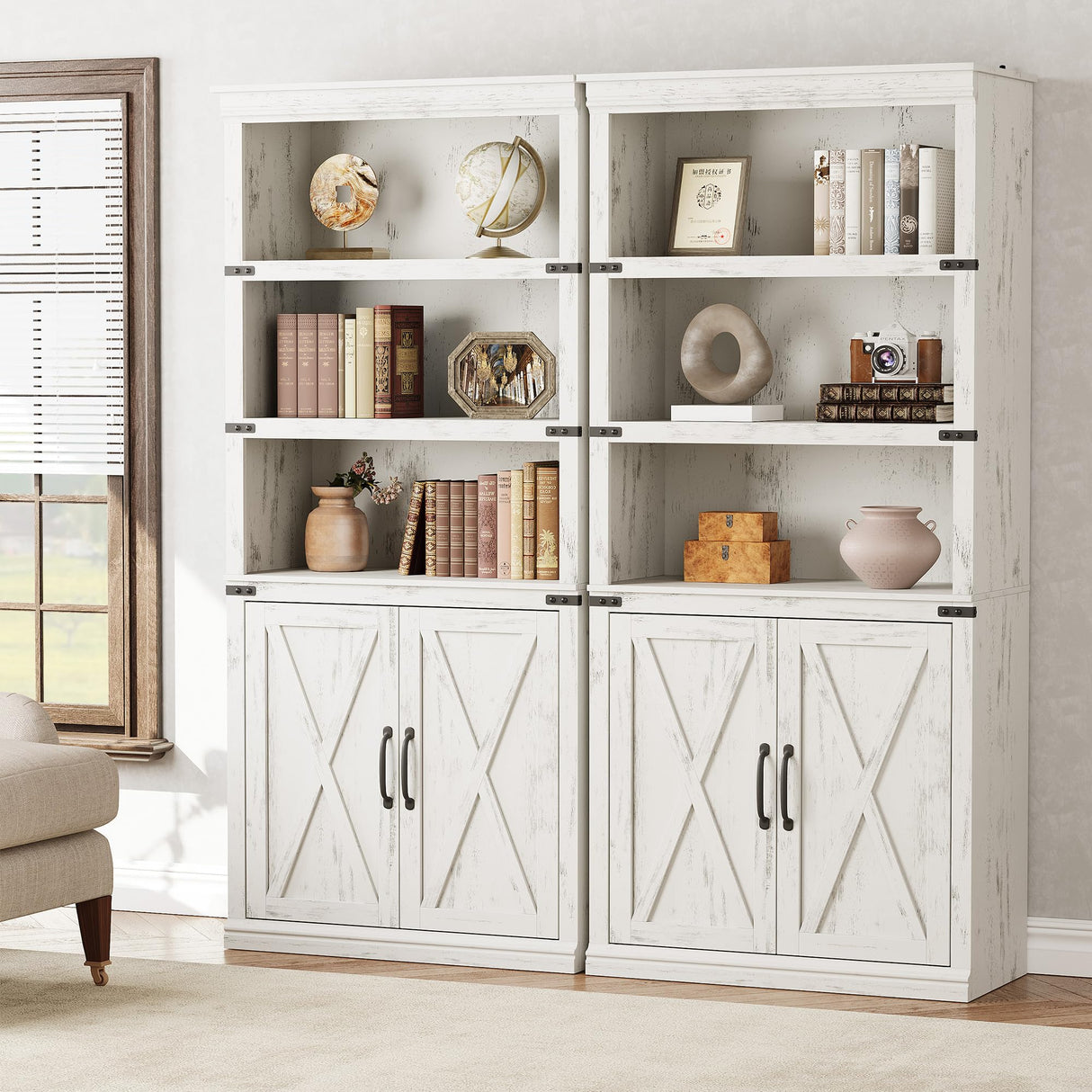 5 Tier Book case with Cabinet, Farmhouse Book Shelf with Storage Doors, 68.7" Tall Wooden 5 Shelf Book Case for Home Office, Living Room, Bed Room-(White, 68.7" H x 31.5" W x 12.9" D) GarveeHome