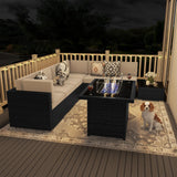 Vakollia 8 Pieces Patio Furniture Set with 44" Propane Gas Fire Pit Table, Outdoor Sectional Wicker Conversation Sofa Sets with Coffee Table Vakollia
