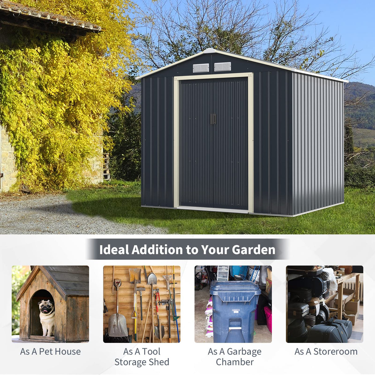 IRONMAX Outdoor Storage Shed, 7x6 FT Galvanized Steel Lean to Garden Shed, Heavy Duty Tool Storage House with Sliding Doors & Air Vents, for Bicycles, Lawnmowers, Backyards, Patios, Lawns, Grey IRONMAX