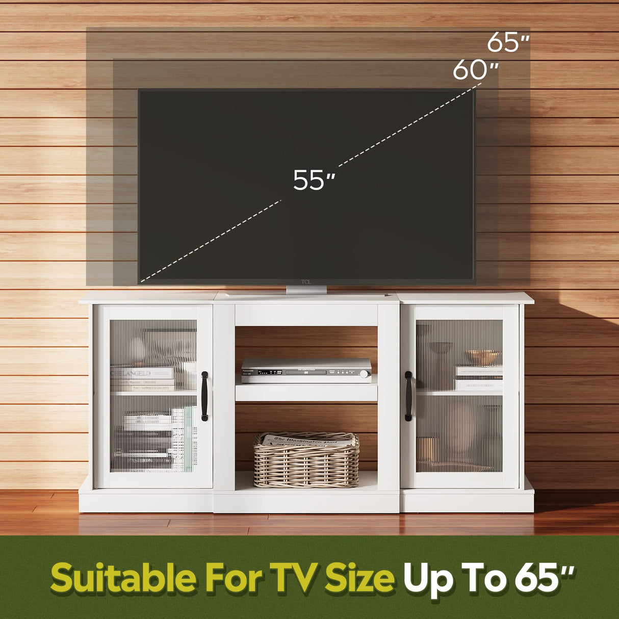 WLIVE Retro TV Stand for 65 inch TV, TV Console Cabinet with Storage, Open Shelves Entertainment Center for Living Room and Bedroom, White WLIVE