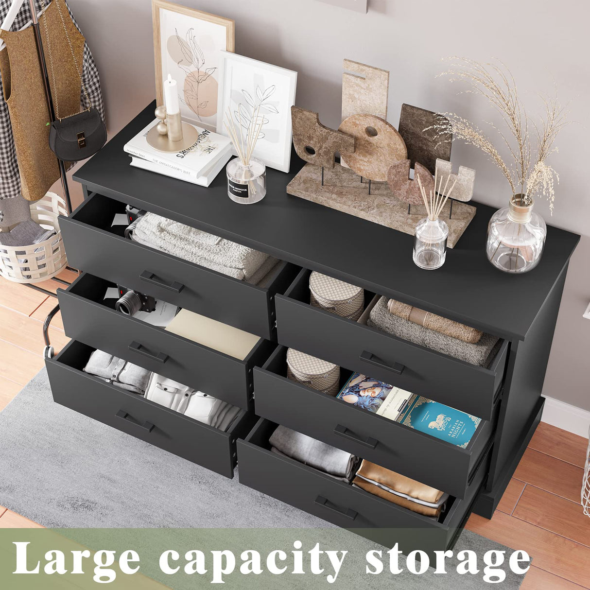 Hasuit 6 Drawer Double Dresser, Wood Storage Tower Clothes Organizer, Wide Chest of 6 Drawers, Large Storage Cabinet, Black Dresser for Bedroom, Hasuit