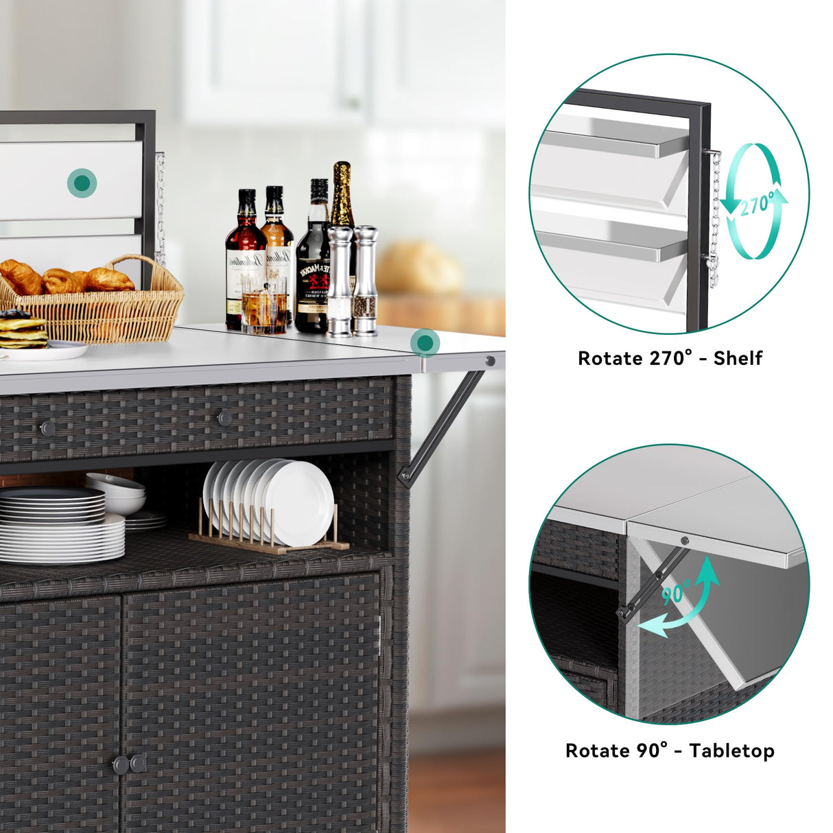 YITAHOME XL Outdoor Kitchen Wicker Island Rolling Cart & Storage Cabinet, Wheels and Stainless Steel Extended Table Top, Side Handle for Patio Kitchen or Bar Cart, Dark Brown YITAHOME