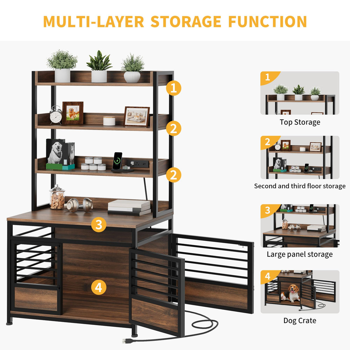 DWVO Dog Crate Furniture with Storage Shelves, Heavy Duty Dog Crate with Charging Station, 39 Inch Dog Kennel Indoor Furniture for Large Dogs, Modern Decorative Dog Crate with Double Doors, Brown DWVO