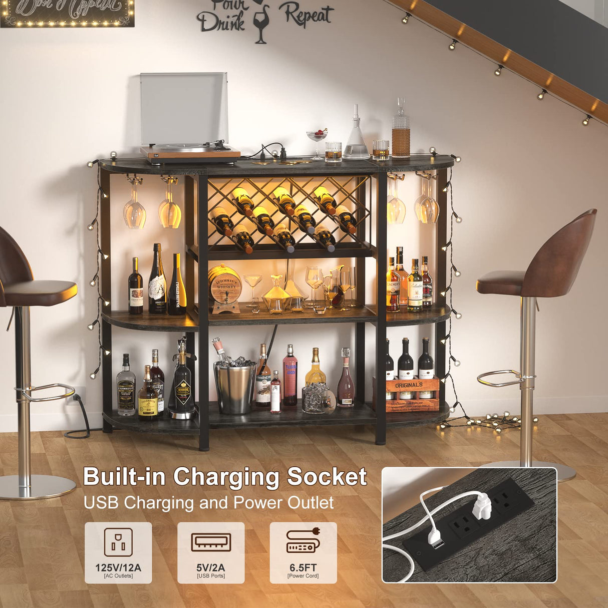 Unikito 4-Tier Metal Coffee Bar Cabinet with Outlet and LED Light, Freestanding Floor Bar Table for Liquor with Glass Holder and Wine Rack Storage, Wine Bakers Rack for Kitchen Dining Room, Gray Oak Unikito