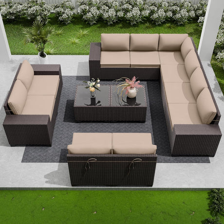 RTDTD Outdoor Patio Furniture Set, 12 Pieces Outdoor Furniture All Weather Patio Sectional Sofa PE Wicker Modular Conversation Sets with Coffee Table,10 Chairs & Seat ClipsBrown. RTDTD
