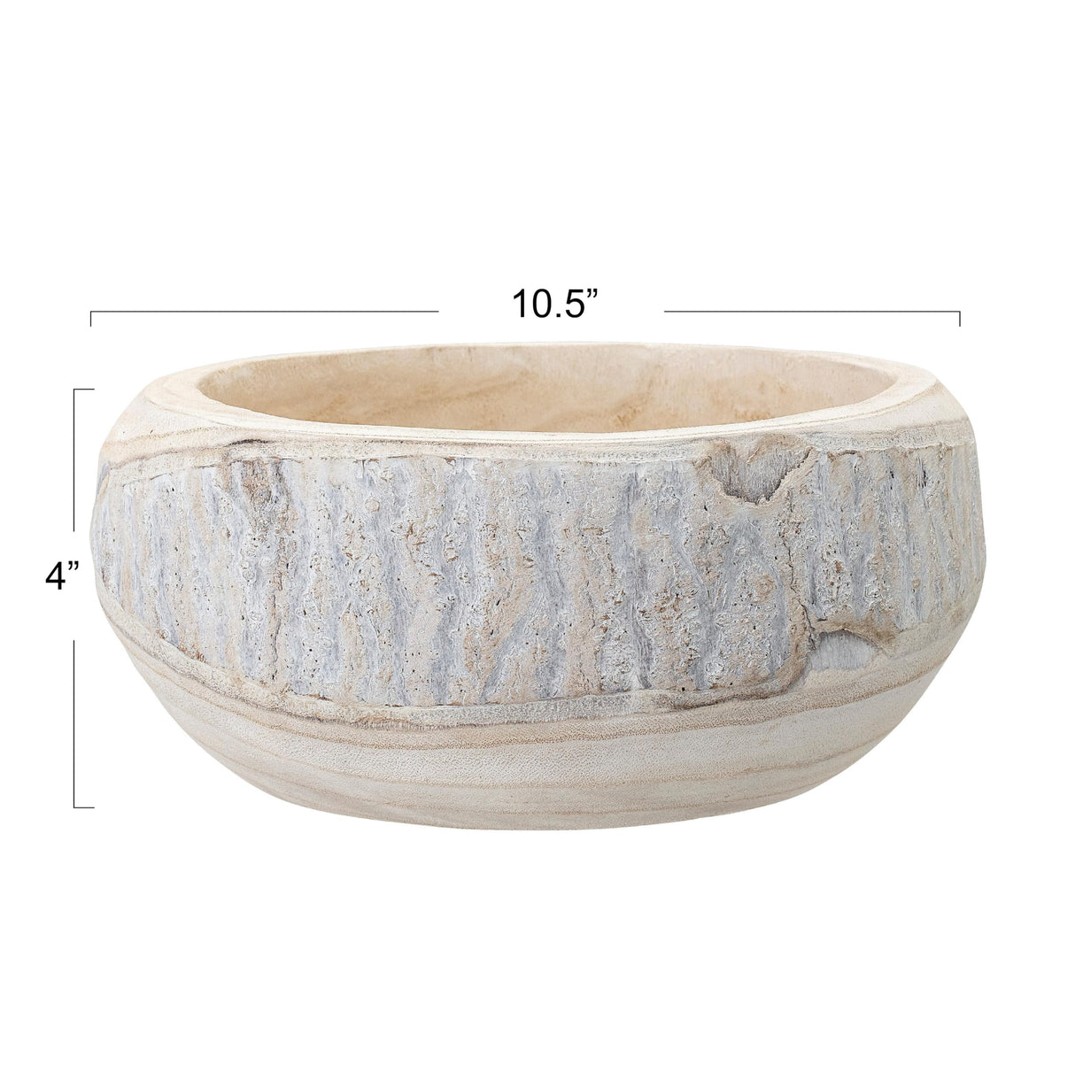 Bloomingville Decorative Hand-Carved Paulownia Wood Bowl, Whitewashed, 10.5 in Diameter, 4.25 in Tall Bloomingville