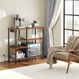 HOOBRO Bakers Rack with Power Outlet, Microwave Stand with 5 S-Shaped Hooks, Coffee Bar, Kitchen Storage Shelf, for Kitchen, Living Room, Rustic Brown and Black BF19UHB01 HOOBRO