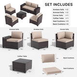 Gotland 6 Pieces Patio Furniture Set with 1 Coffee Table, 5 Seater Rattan Outdoor Sectional with Wide Armrests 29.5'' High Backrest Thick Waterproof Cushions, Conversation Sets for Deck Garden Khaki Gotland