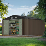 JUMMICO 10 x 10 FT Outdoor Storage Shed, Large Metal Garden Shed & Tool Sheds for Backyard Garden Patio Lawn (Brown) JUMMICO