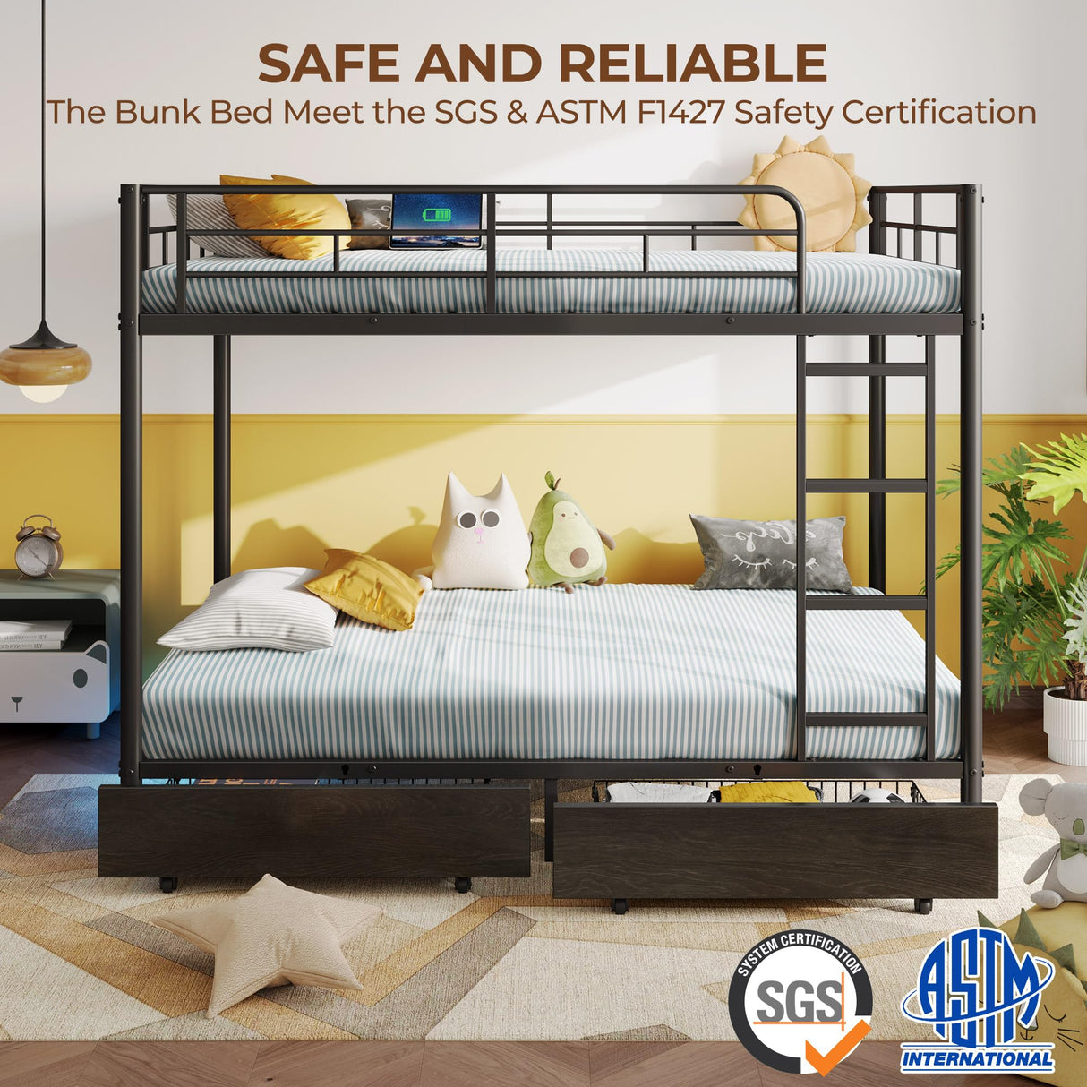 Rolanstar Metal Bunk Bed Full Over Full with USB Charging Station, LED Bunk Bed with 2 Storage Drawers, Bed with Safety Guardrail & Ladders, No Box Spring Needed, Easy Assembly, Black Rolanstar