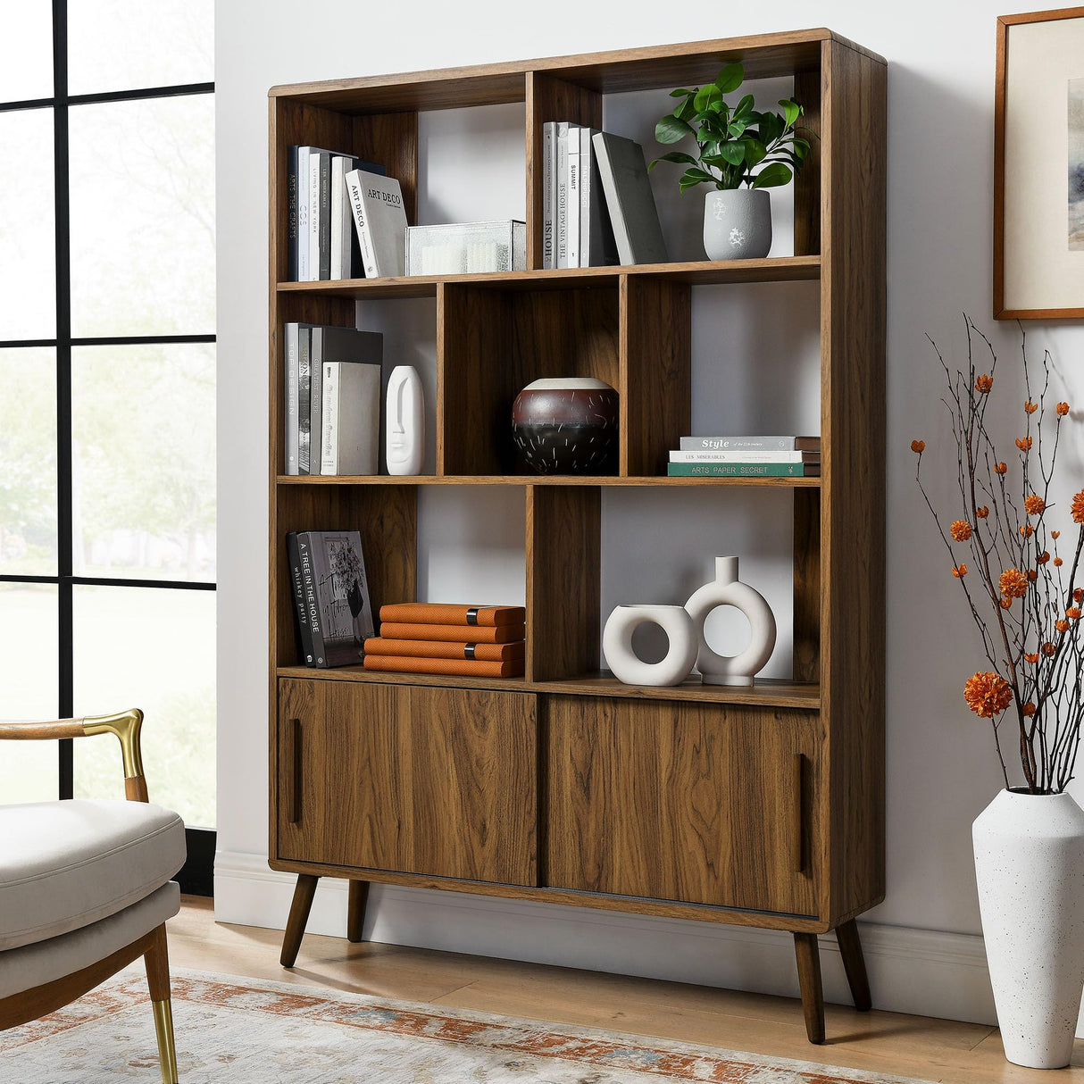 Modway Transmit 8 Shelf Bookcase with Sliding Doors in Walnut - 45 Inch Wood Mid-Century Modern Bookshelf - 4 Tier Tall Open Display Storage Cabinet for Living Room, Office, Hallway Modway