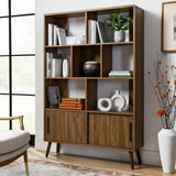 Modway Transmit 8 Shelf Bookcase with Sliding Doors in Walnut - 45 Inch Wood Mid-Century Modern Bookshelf - 4 Tier Tall Open Display Storage Cabinet for Living Room, Office, Hallway Modway