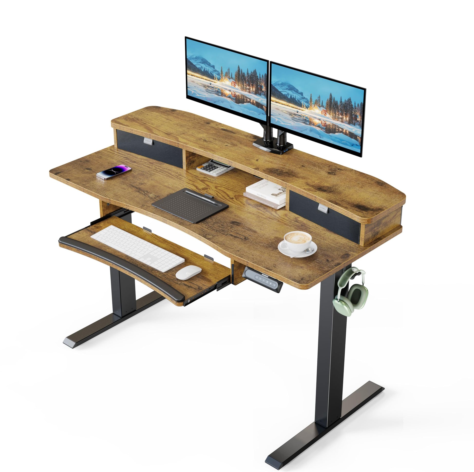 HUANUO 48" x 26" Electric Standing Desk with 2 Drawers & 26.7" Large Keyboard Tray, C-Clamp Mount Compatible, Adjustable Computer Desk for Home Office, Stand Up Desk with 4 Height Presets, Vi - WoodArtSupply