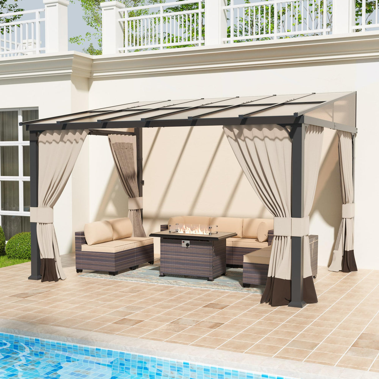 Halmuz 10x12ft Large Lean to Gazebo with Curtains & Netting,Wall Mounted Gazebo with Hard Top & Double Curtains,Metal Frame Garden Tent Suitable for Patio,Yards, Deck,Lawn, Garden,Grass-sand Halmuz